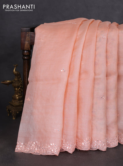 Silk kota saree peach orange and cream with mirror embroidery buttas and mirror embroidery work border