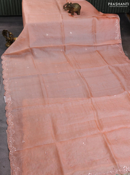 Silk kota saree peach orange and cream with mirror embroidery buttas and mirror embroidery work border