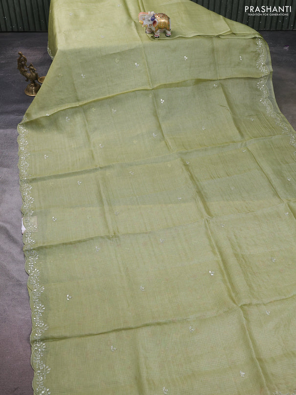 Silk kota saree pista green and cream with mirror embroidery buttas and mirror embroidery work border