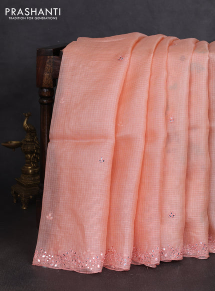 Silk kota saree peach orange and cream with mirror embroidery buttas and mirror embroidery work border