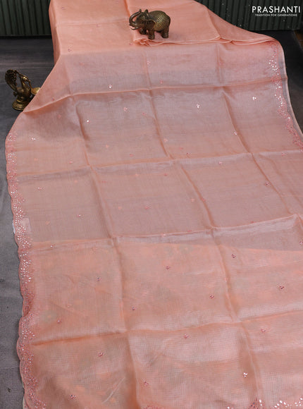 Silk kota saree peach orange and cream with mirror embroidery buttas and mirror embroidery work border