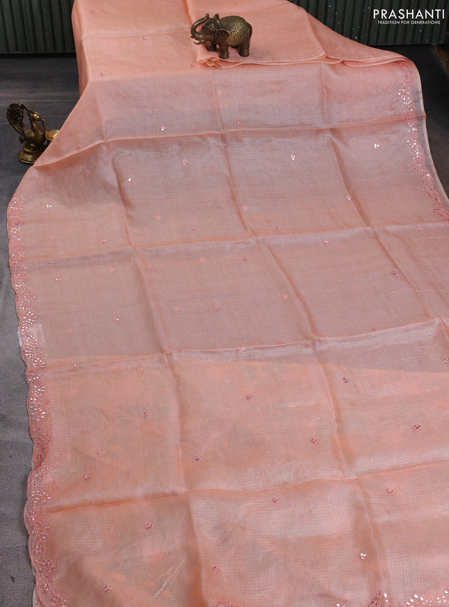 Silk kota saree peach orange and cream with mirror embroidery buttas and mirror embroidery work border