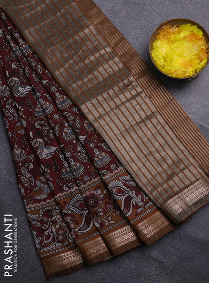 Semi maheswari cotton saree deep maroon and dark mustard with allover kalamkari prints and zari woven border