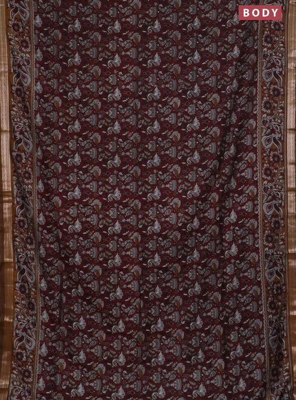 Semi maheswari cotton saree deep maroon and dark mustard with allover kalamkari prints and zari woven border