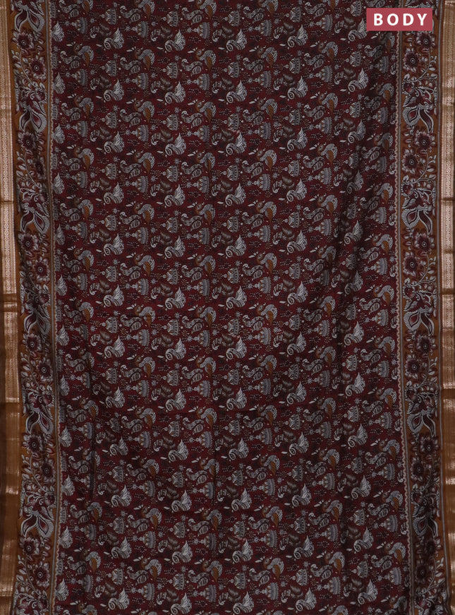 Semi maheswari cotton saree deep maroon and dark mustard with allover kalamkari prints and zari woven border