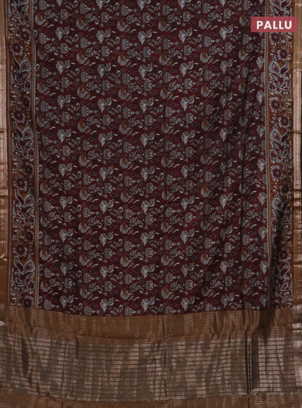 Semi maheswari cotton saree deep maroon and dark mustard with allover kalamkari prints and zari woven border