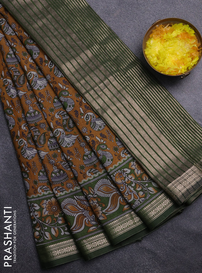 Semi maheswari cotton saree mustard yellow and sap green with allover kalamkari prints and zari woven border