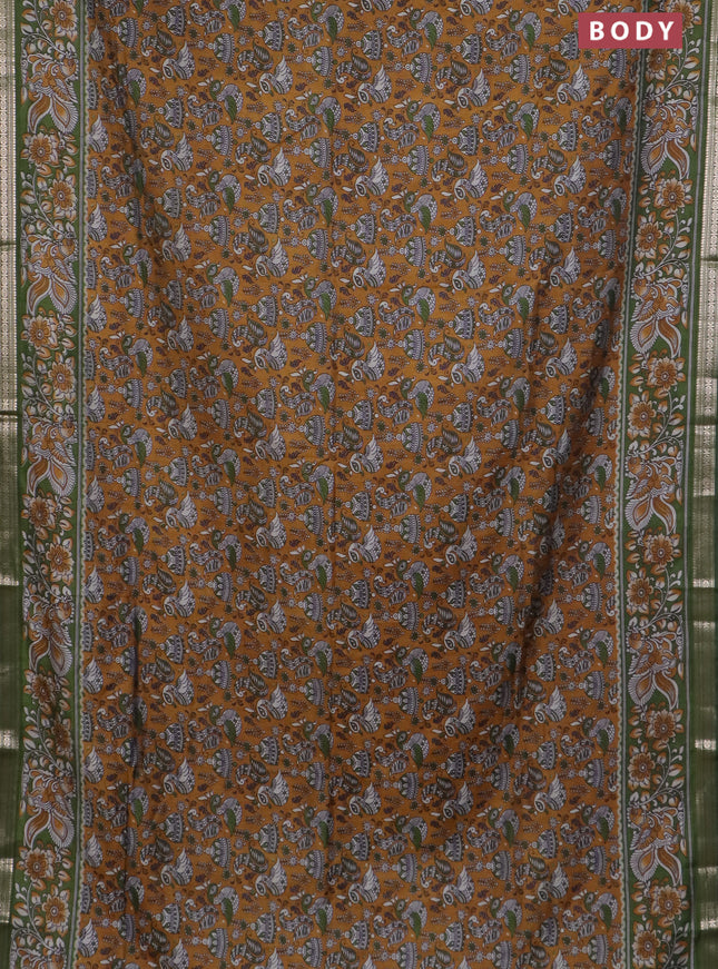 Semi maheswari cotton saree mustard yellow and sap green with allover kalamkari prints and zari woven border