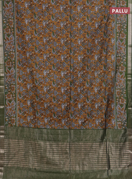 Semi maheswari cotton saree mustard yellow and sap green with allover kalamkari prints and zari woven border