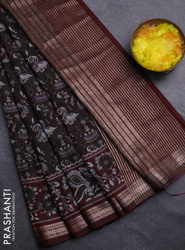 Semi maheswari cotton saree coffee brown and maroon with allover kalamkari prints and zari woven border