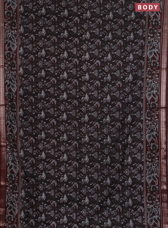 Semi maheswari cotton saree coffee brown and maroon with allover kalamkari prints and zari woven border