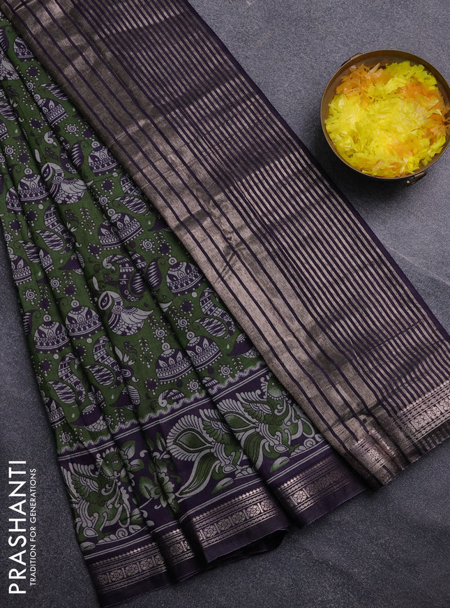 Semi maheswari cotton saree green and deep purple with allover kalamkari prints and zari woven border
