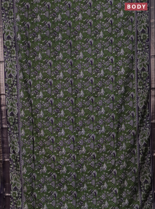 Semi maheswari cotton saree green and deep purple with allover kalamkari prints and zari woven border