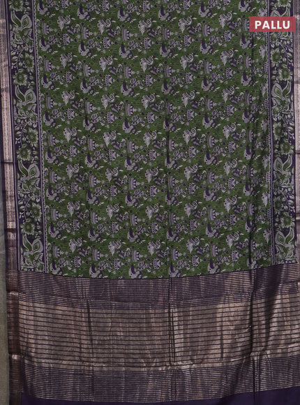 Semi maheswari cotton saree green and deep purple with allover kalamkari prints and zari woven border