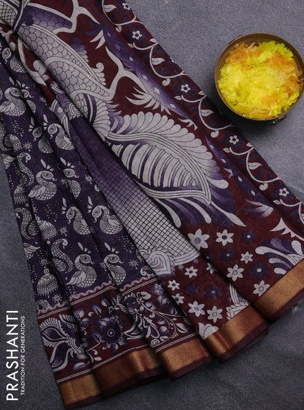 Semi maheswari cotton saree deep violet and deep maroon with allover kalamkari prints and zari woven border