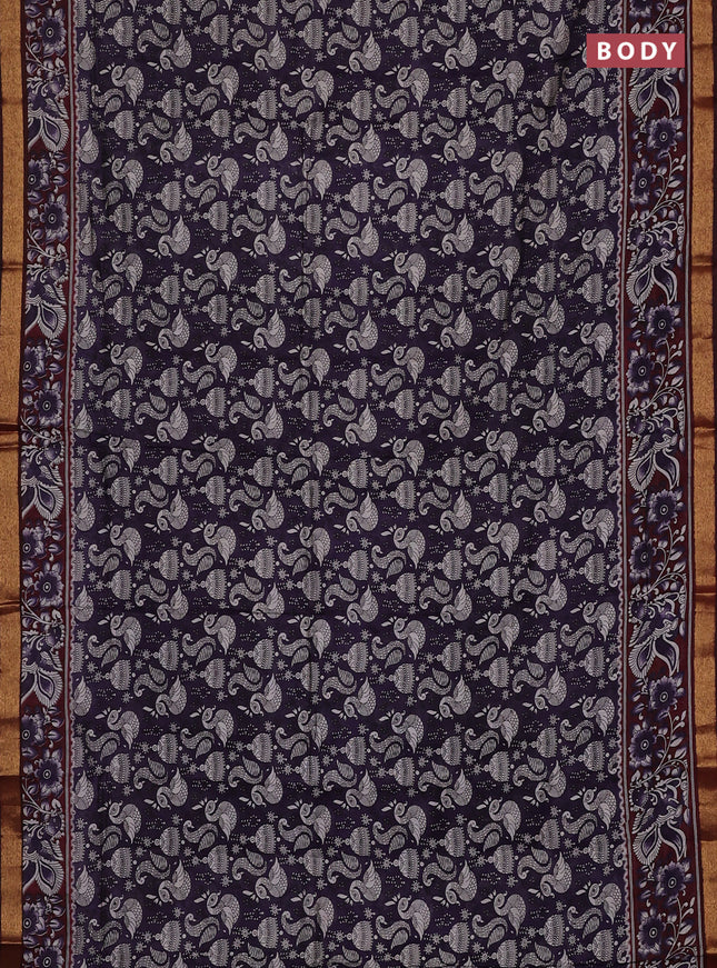 Semi maheswari cotton saree deep violet and deep maroon with allover kalamkari prints and zari woven border