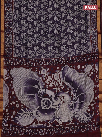 Semi maheswari cotton saree deep violet and deep maroon with allover kalamkari prints and zari woven border