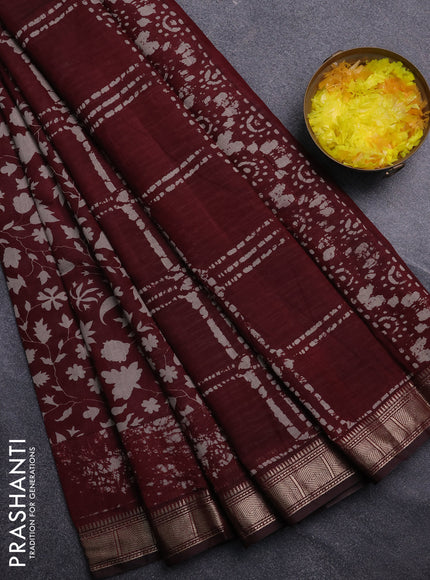 Semi maheswari cotton saree deep maroon with allover prints and zari woven border