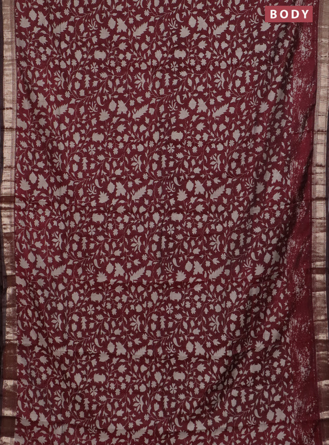 Semi maheswari cotton saree deep maroon with allover prints and zari woven border