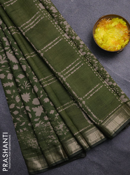 Semi maheswari cotton saree sap green with allover prints and zari woven border