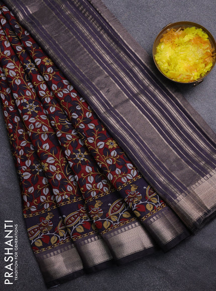 Semi maheswari cotton saree maroon and deep violet with allover prints and zari woven border