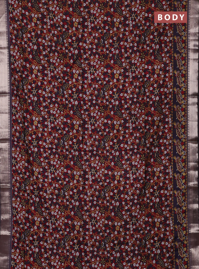 Semi maheswari cotton saree maroon and deep violet with allover prints and zari woven border
