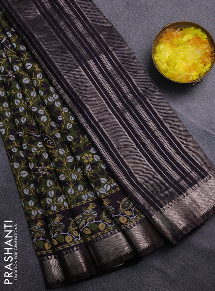 Semi maheswari cotton saree sap green and coffee brown with allover prints and zari woven border