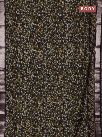 Semi maheswari cotton saree sap green and coffee brown with allover prints and zari woven border