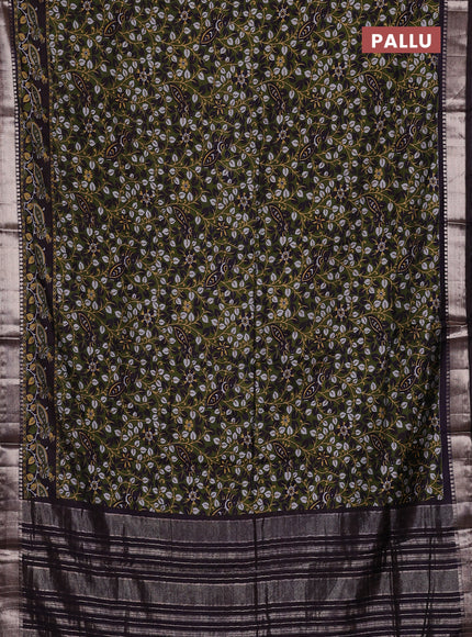Semi maheswari cotton saree sap green and coffee brown with allover prints and zari woven border