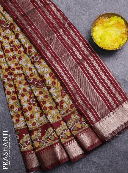 Semi maheswari cotton saree mustard yellow and deep maroon with allover prints and zari woven border