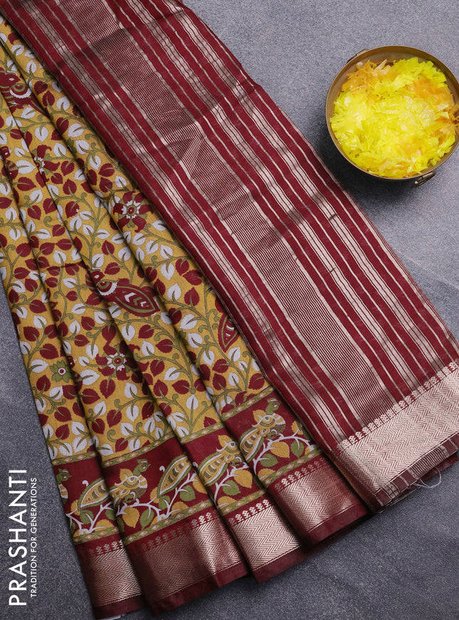 Semi maheswari cotton saree mustard yellow and deep maroon with allover prints and zari woven border
