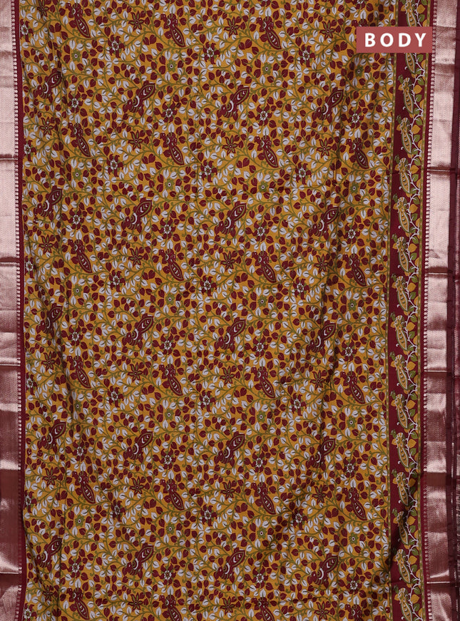 Semi maheswari cotton saree mustard yellow and deep maroon with allover prints and zari woven border