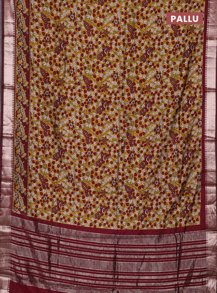 Semi maheswari cotton saree mustard yellow and deep maroon with allover prints and zari woven border
