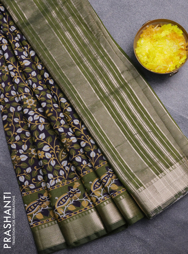 Semi maheswari cotton saree deep violet  and sap green with allover prints and zari woven border