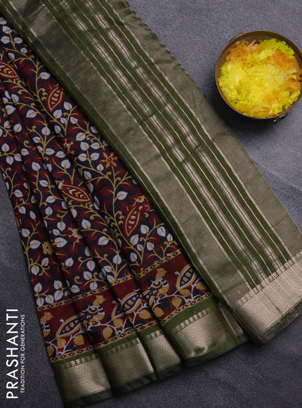 Semi maheswari cotton saree deep violet maroon and sap green with allover prints and zari woven border