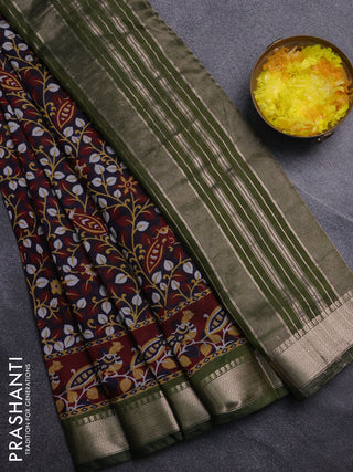 Semi maheswari cotton saree deep violet maroon and sap green with allover prints and zari woven border