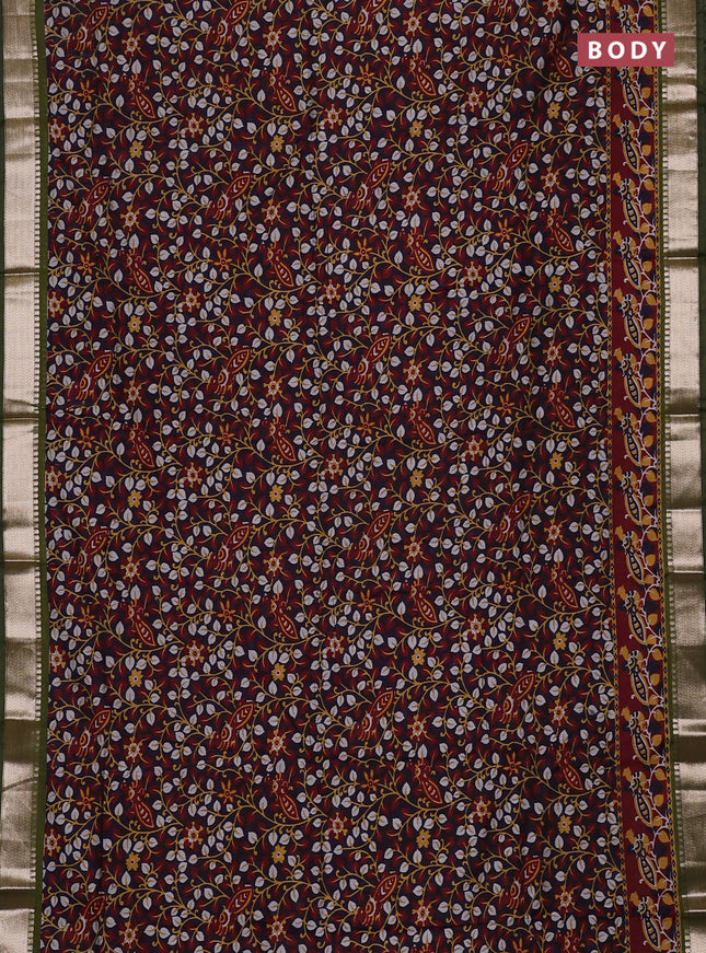 Semi maheswari cotton saree deep violet maroon and sap green with allover prints and zari woven border