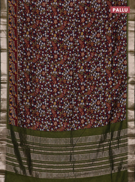 Semi maheswari cotton saree deep violet maroon and sap green with allover prints and zari woven border