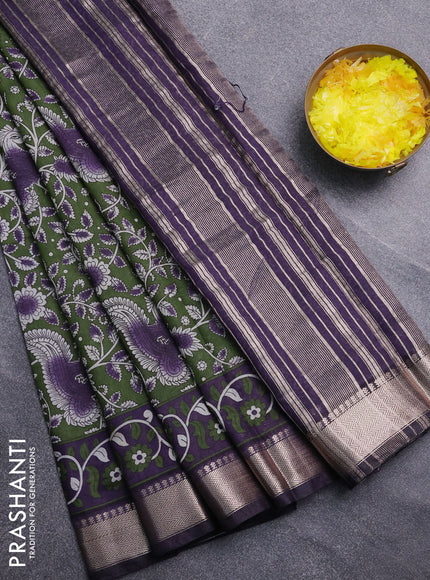 Semi maheswari cotton saree green and jamun shade with allover prints and zari woven border