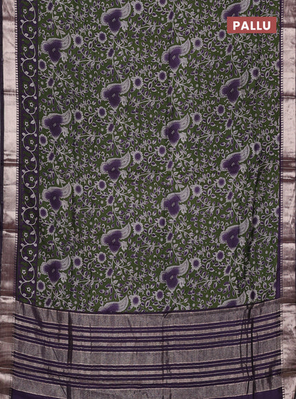 Semi maheswari cotton saree green and jamun shade with allover prints and zari woven border