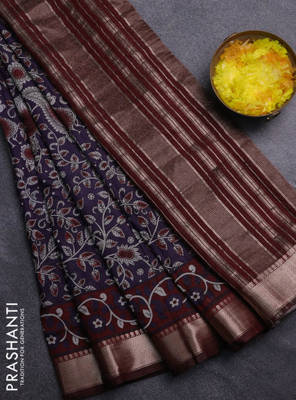Semi maheswari cotton saree jamun shade and deep maroon with allover prints and zari woven border