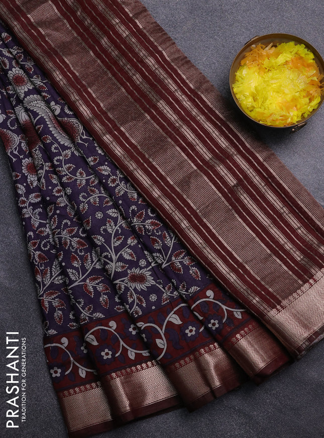 Semi maheswari cotton saree jamun shade and deep maroon with allover prints and zari woven border