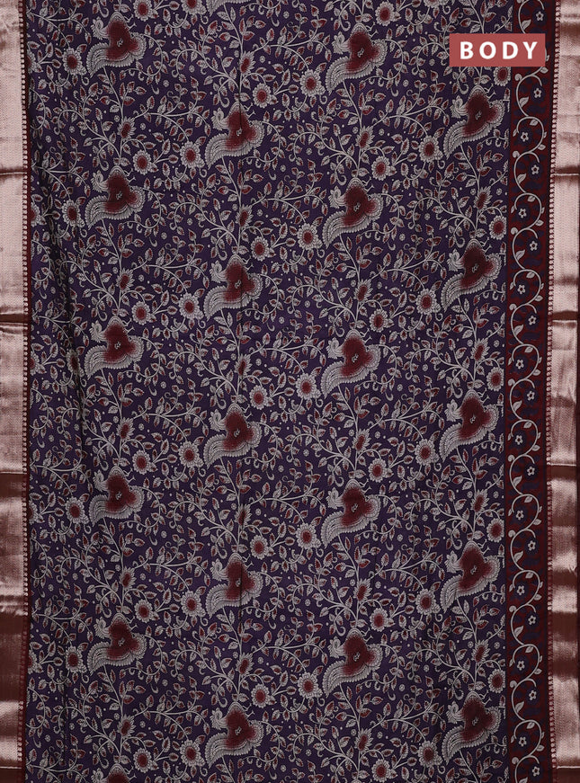 Semi maheswari cotton saree jamun shade and deep maroon with allover prints and zari woven border