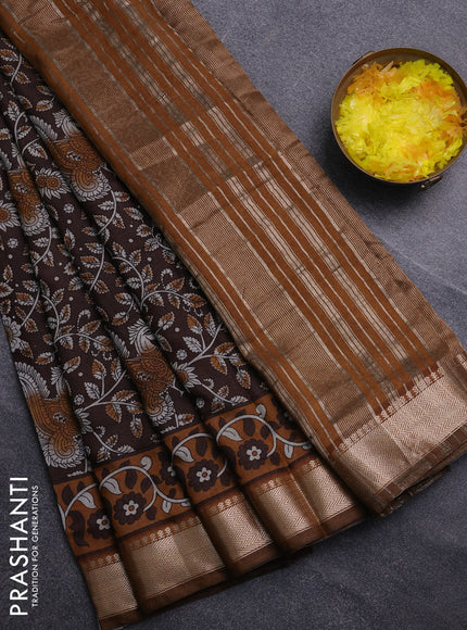 Semi maheswari cotton saree coffee brown and dark mustard with allover prints and zari woven border