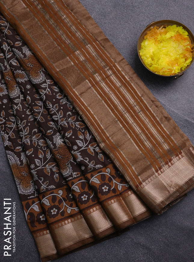 Semi maheswari cotton saree coffee brown and dark mustard with allover prints and zari woven border