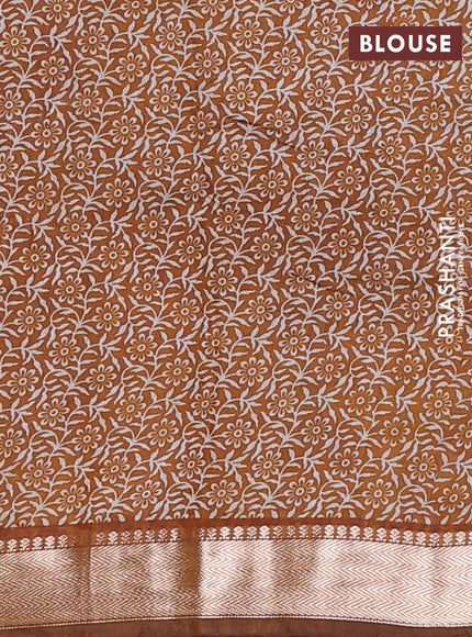 Semi maheswari cotton saree coffee brown and dark mustard with allover prints and zari woven border