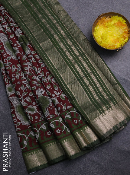 Semi maheswari cotton saree deep wine shade and sap green with allover prints and zari woven border