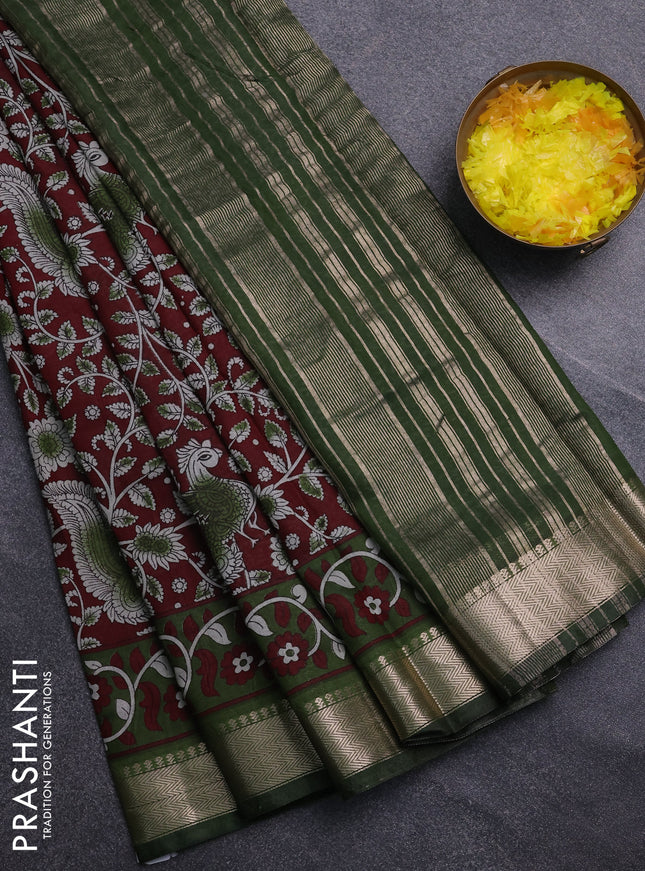 Semi maheswari cotton saree deep wine shade and sap green with allover prints and zari woven border