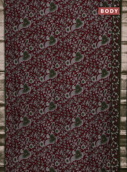 Semi maheswari cotton saree deep wine shade and sap green with allover prints and zari woven border