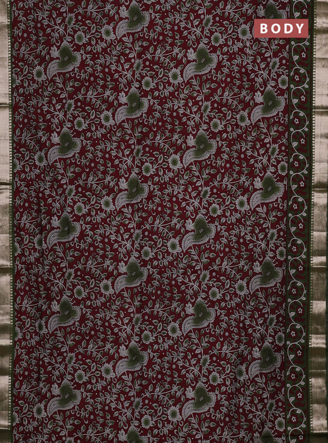 Semi maheswari cotton saree deep wine shade and sap green with allover prints and zari woven border